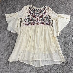 Womens Dress Large Cream Embroidered Boho Bell Sleeve Fairy Romantic Cottagecore
